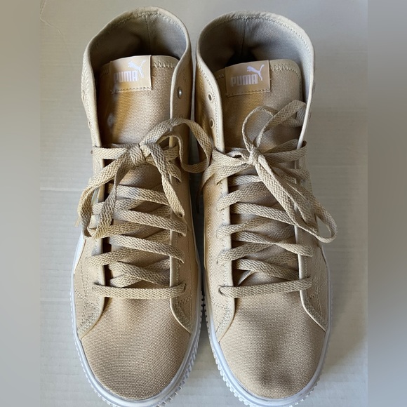 PUMA Beige Canvas White Leather Lace Up Sneakers Mid Top Mens Casual Shoes Sz 13 - Picture 2 of 10
